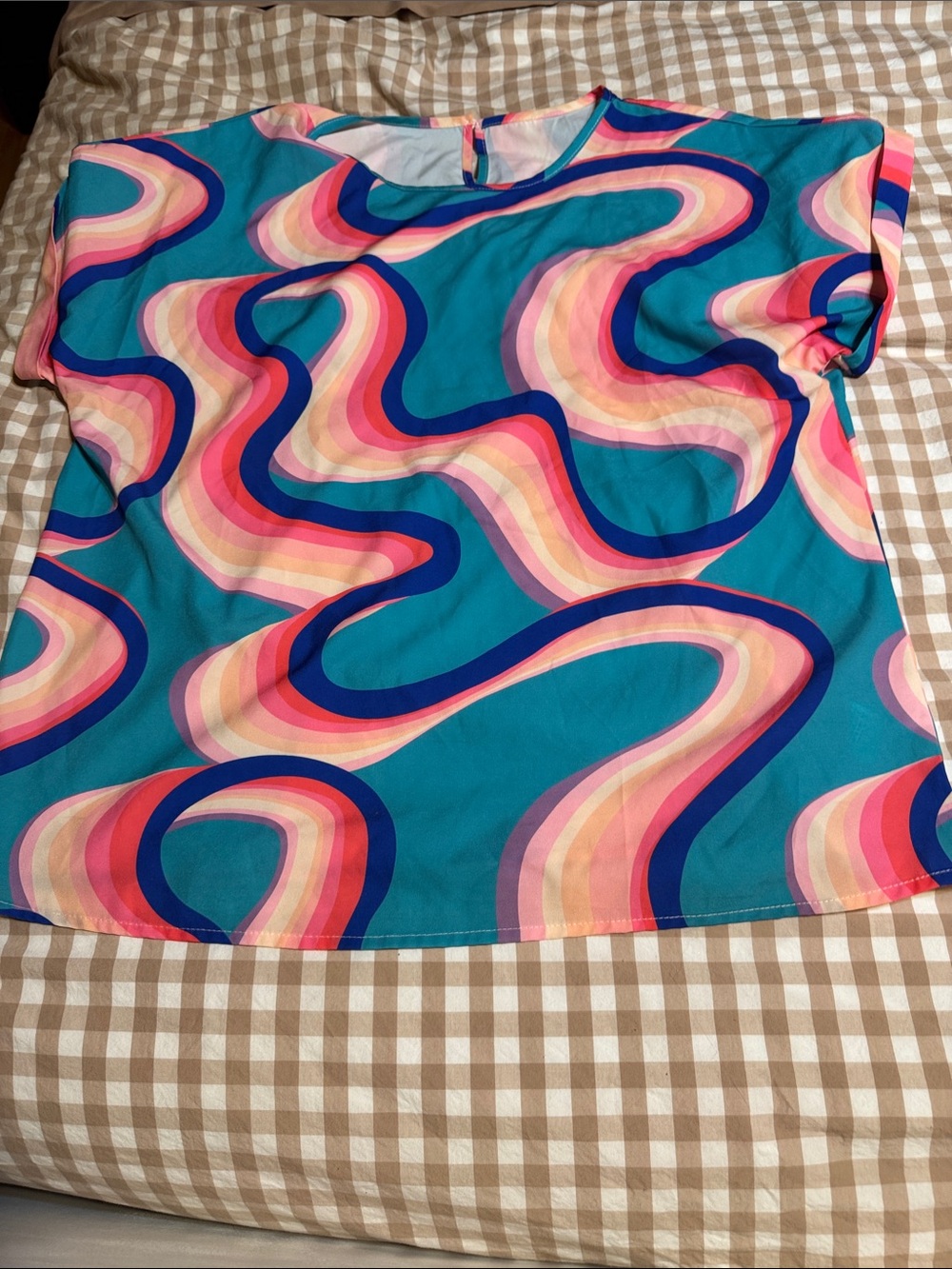 SHEIN Teal Swirl Short Sleeve Top with Pink and Blue Accents